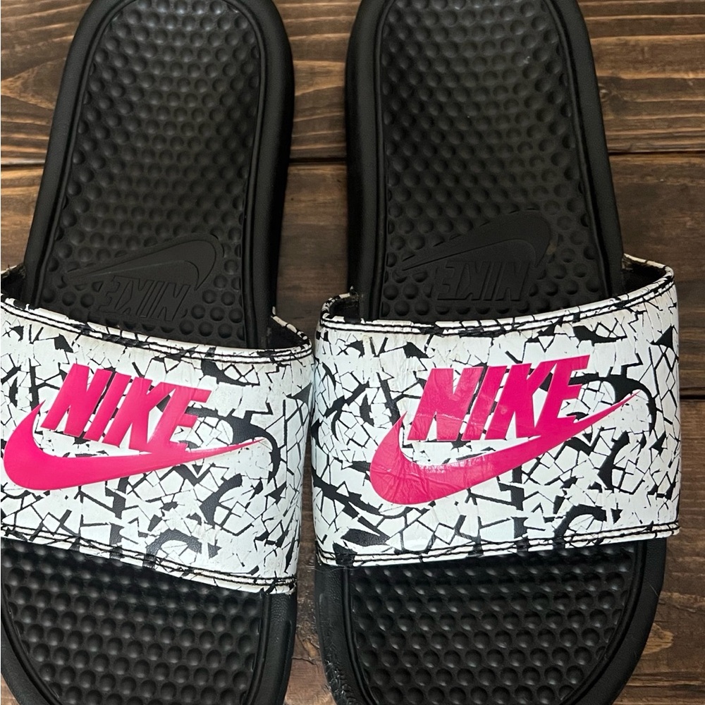 Nike Black and Pink Slide Sandals